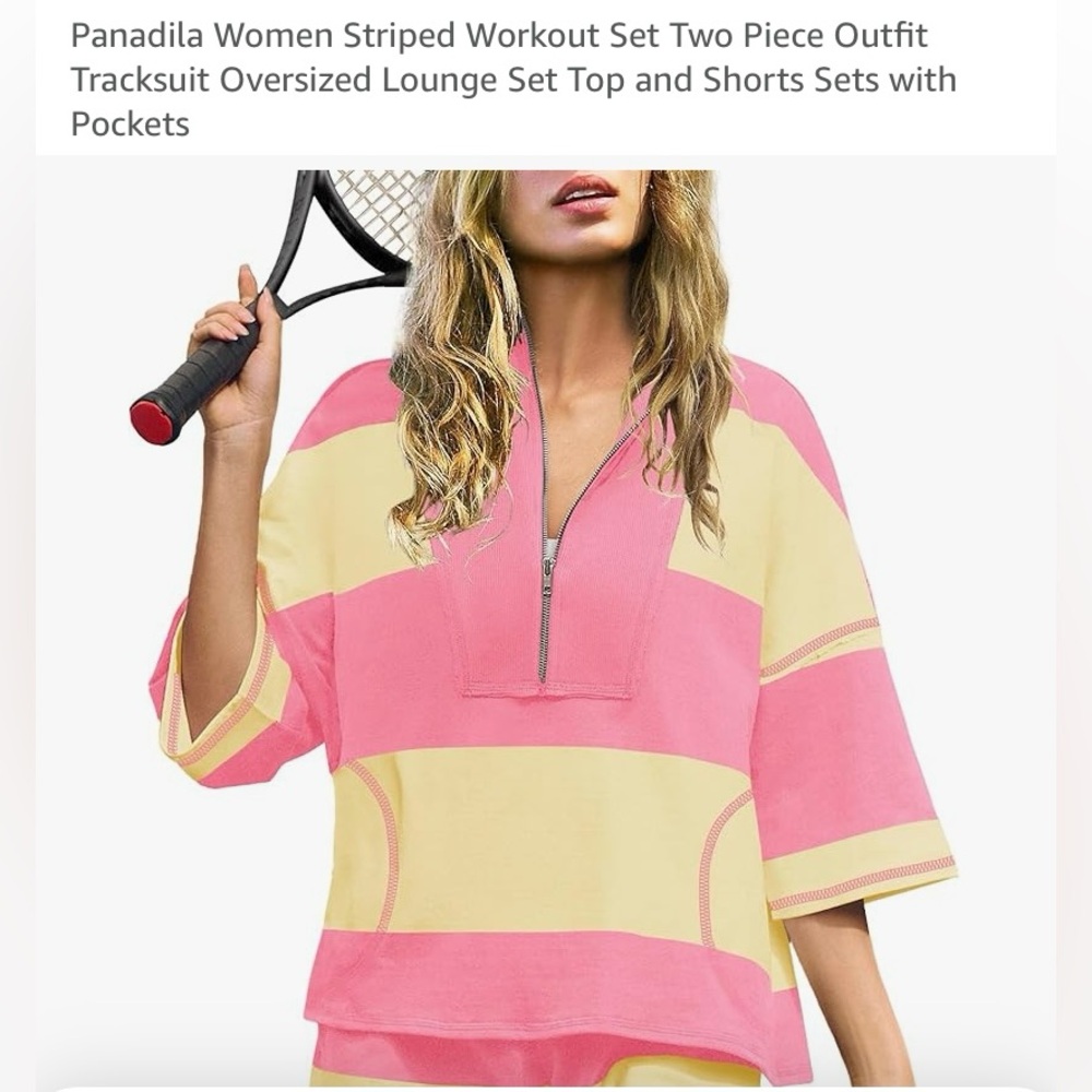 Pink and Yellow Striped Zip-Up Top and Matching Shorts Two Piece Lounge Set